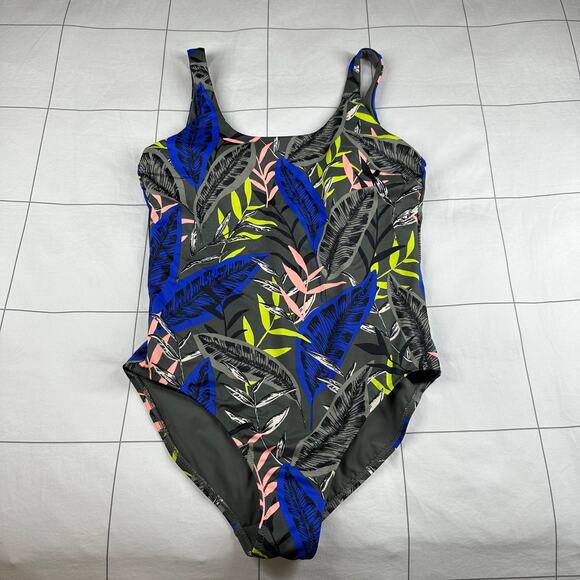 Athleta Swimsuit Women Medium Gray Midnight Palm Scoop One Piece Resort Tropical - Picture 4 of 13